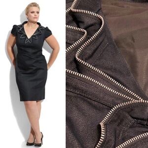 London Times Faux Zipper Edged Ruffled Neckline Blue Denim Dress - Size 12